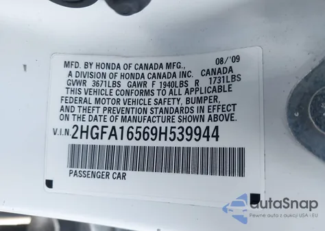 2009 Honda Civic Lx из США, поврежденный, VIN 2HGFA16569H539944